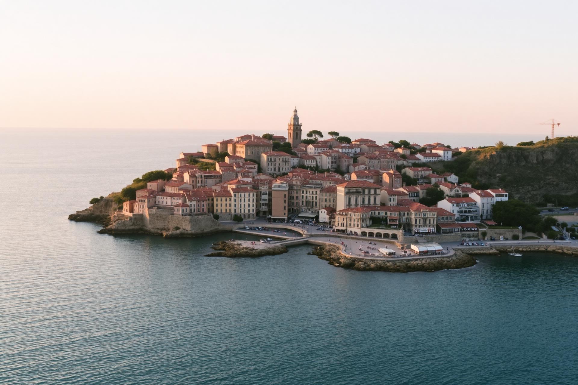 Pueblo costero europeo al atardecer